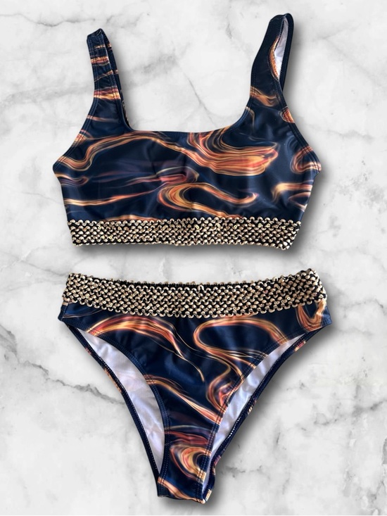 Unbranded Other - NWOT 2Pc Swimsuit Bikini Navy Orange Swirl Textured Gold Sequin Trim Size M